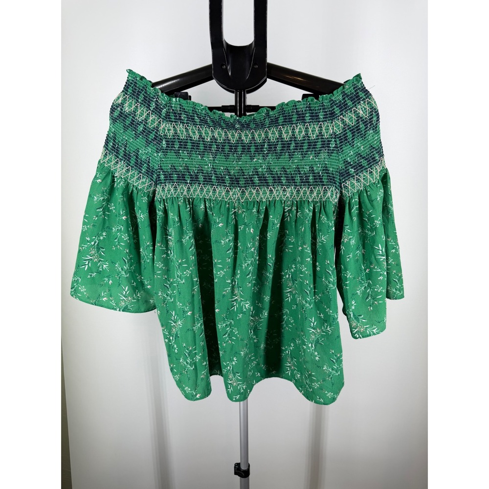 THML Womens Green Floral Smocked Off The Shoulder Blouse‎ Top L